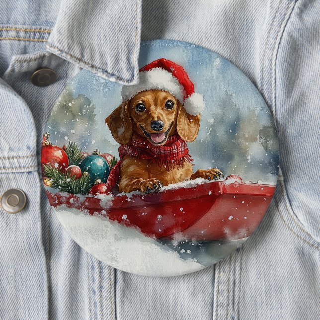 Dachshund Dog in Sledge Let it Snow Christmas Button (In Situ)