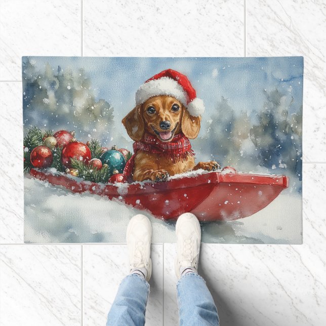 Dachshund Dog in Sledge Let it Snow Christmas Doormat (Indoor)