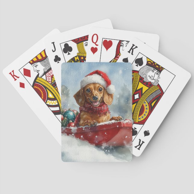 Dachshund Dog in Sledge Let it Snow Christmas Poker Cards (Back)