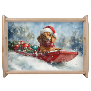 Dachshund Dog in Sledge Let it Snow Christmas Serving Tray