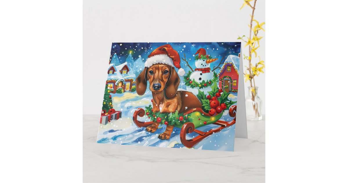 Dachshund Dog in Sleigh Snow Christmas Card | Zazzle