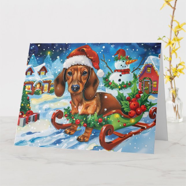 Dachshund Dog in Sleigh Snow Christmas Card (Yellow Flower)