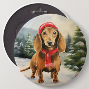 Dachshund Dog in Snow Christmas Button