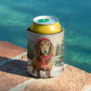 Dachshund Dog in Snow Christmas Can Cooler