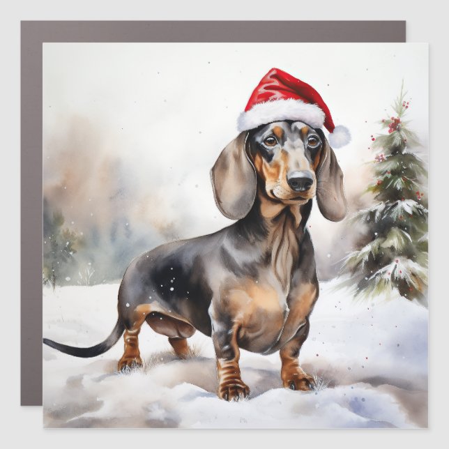 Dachshund Dog in Snow Christmas Car Magnet (Front)