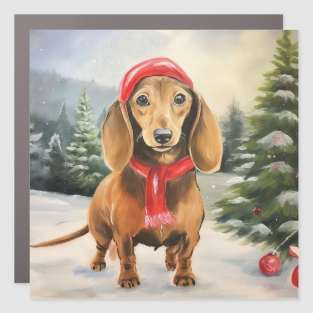 Dachshund Dog in Snow Christmas  Car Magnet (Front)