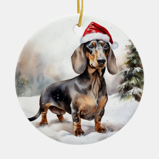 Dachshund Dog in Snow Christmas Ceramic Ornament (Front)