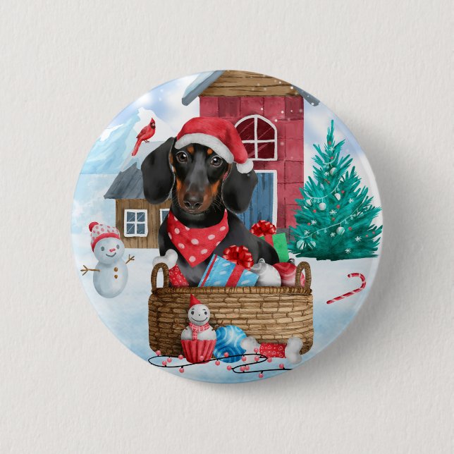 Dachshund Dog In snow Christmas Dog House  Button (Front)