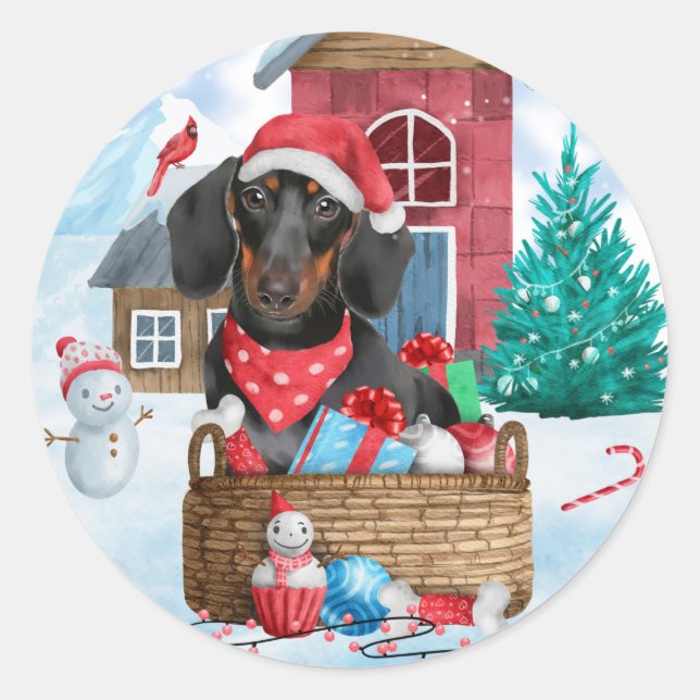 Dachshund Dog In snow Christmas Dog House  Classic Round Sticker (Front)