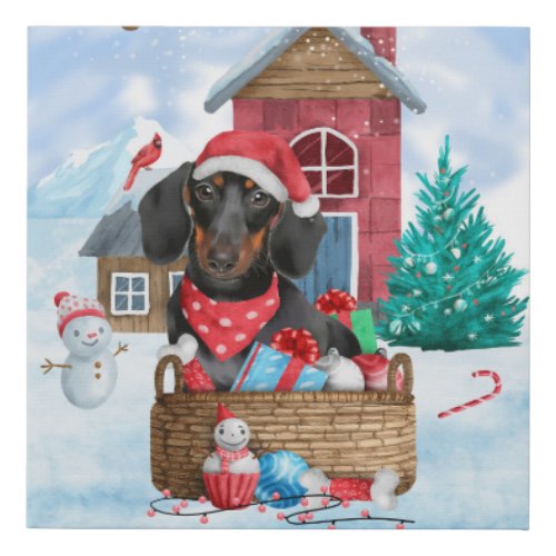 Dachshund Dog In snow Christmas Dog House  Faux Canvas Print