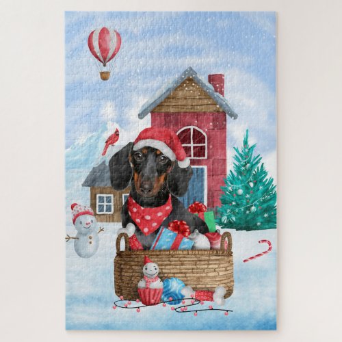 Dachshund Dog In snow Christmas Dog House  Jigsaw Puzzle