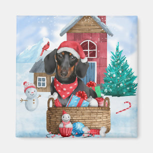 Dachshund Dog In snow Christmas Dog House Magnet