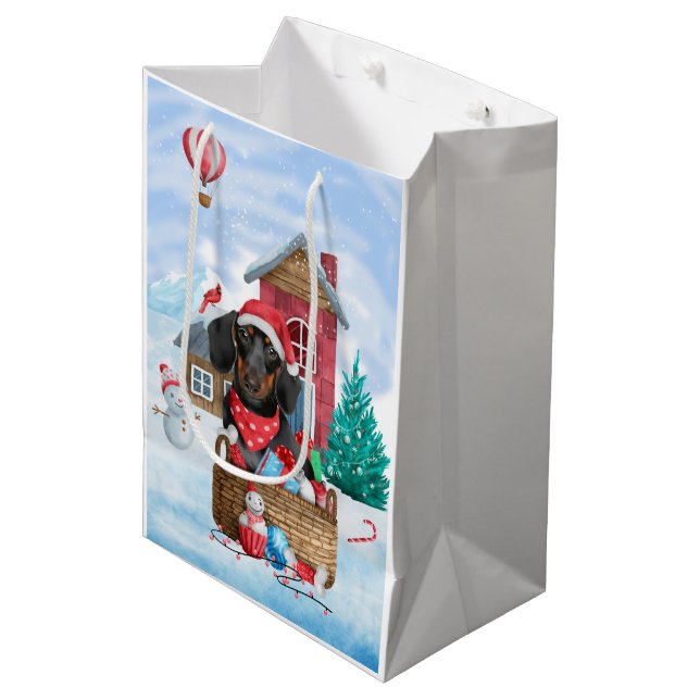 Dachshund Dog In snow Christmas Dog House Medium Gift Bag (Front Angled)