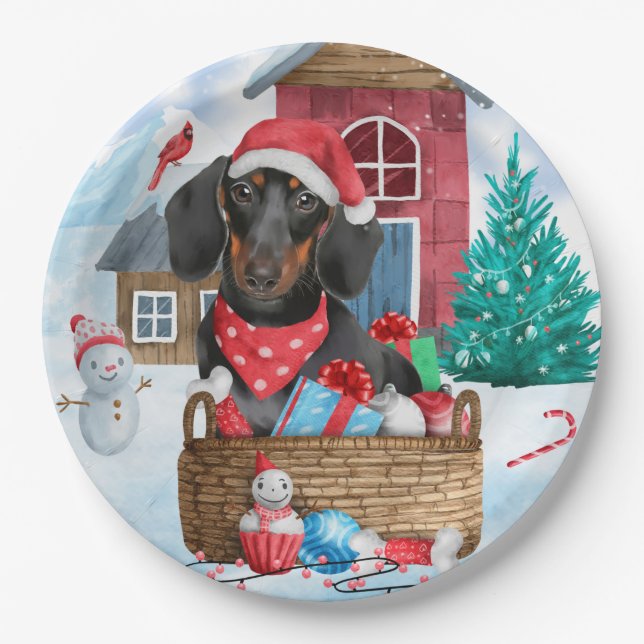 Dachshund Dog In snow Christmas Dog House  Paper Plates (Front)
