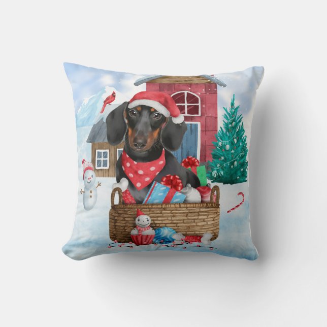 Dachshund Dog In snow Christmas Dog House Throw Pillow (Front)