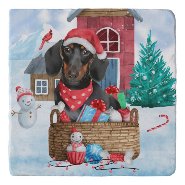 Dachshund Dog In snow Christmas Dog House  Trivet (Front)