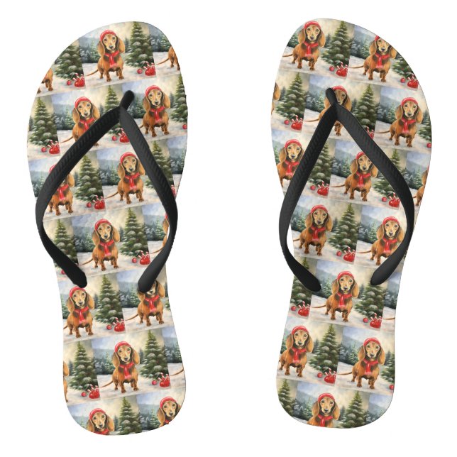 Dachshund Dog in Snow Christmas  Flip Flops (Footbed)