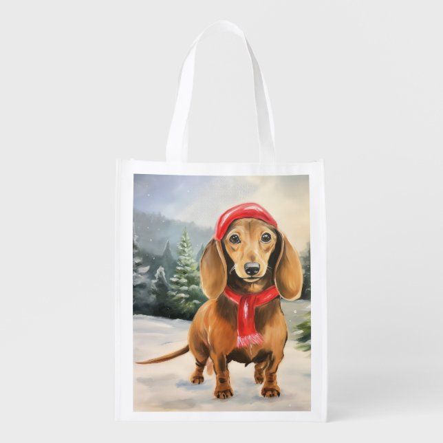Dachshund Dog in Snow Christmas  Grocery Bag (Front)
