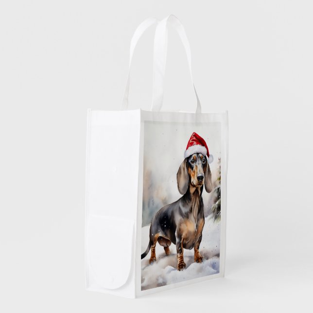 Dachshund Dog in Snow Christmas Grocery Bag (Front Side)