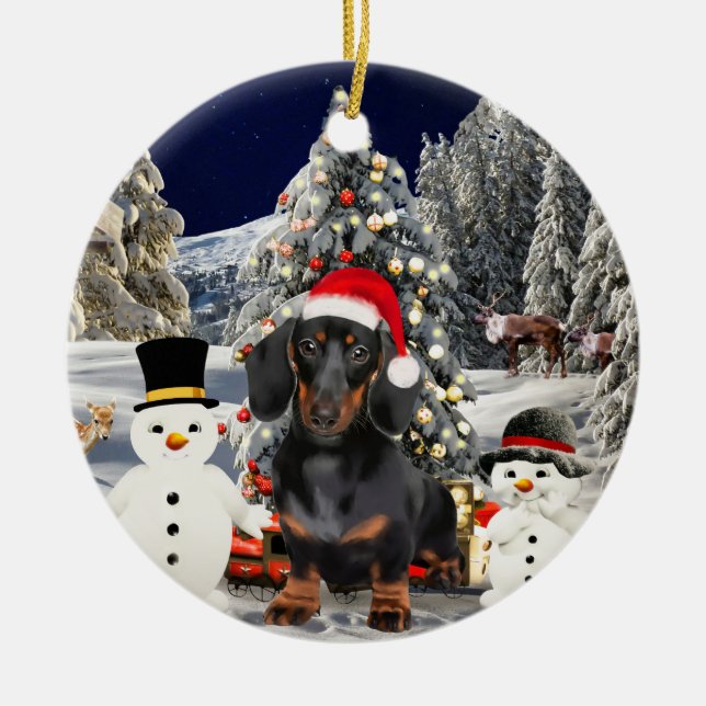 Dachshund Dog in Snow Christmas Hat Lights Ceramic Ornament (Front)