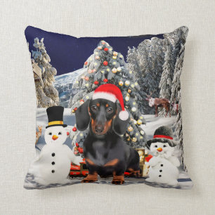 Dachshund Dog in Snow Christmas Hat Lights Throw Pillow