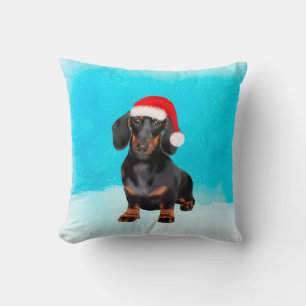 Dachshund Dog in Snow Christmas Hat Throw Pillow