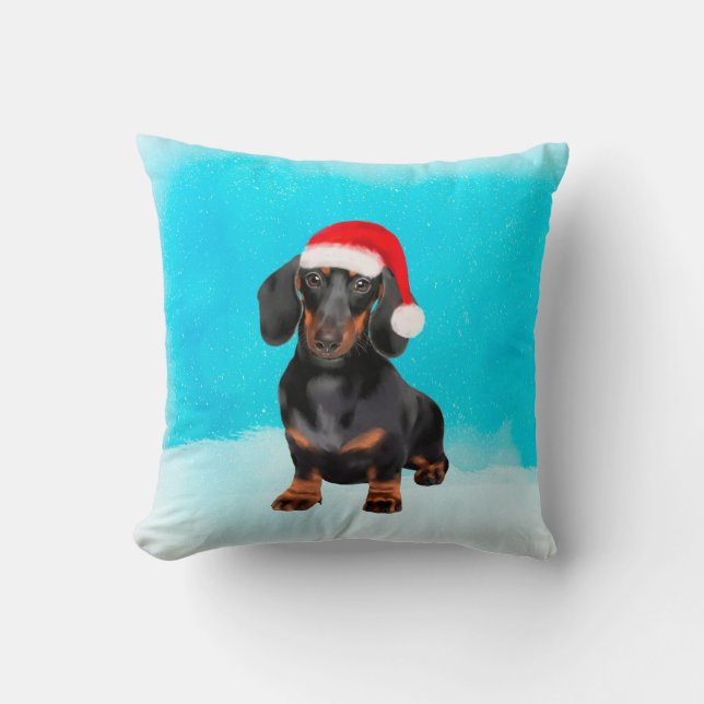 Dachshund Dog in Snow Christmas Hat Throw Pillow (Front)