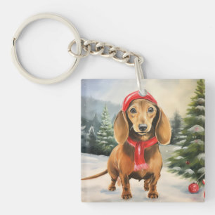 Dachshund Dog in Snow Christmas Keychain