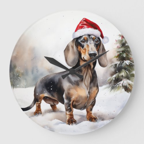 Dachshund Dog in Snow Christmas Large Clock