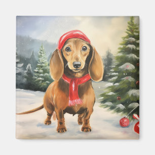 Dachshund Dog in Snow Christmas Magnet
