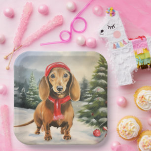 Dachshund Dog in Snow Christmas  Paper Plates