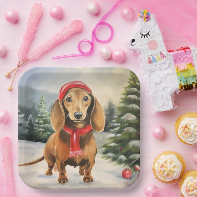 Dachshund Dog in Snow Christmas  Paper Plates (Party)