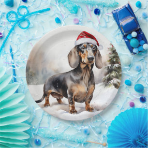 Dachshund Dog in Snow Christmas Paper Plates