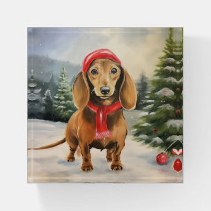 Dachshund Dog in Snow Christmas  Paperweight