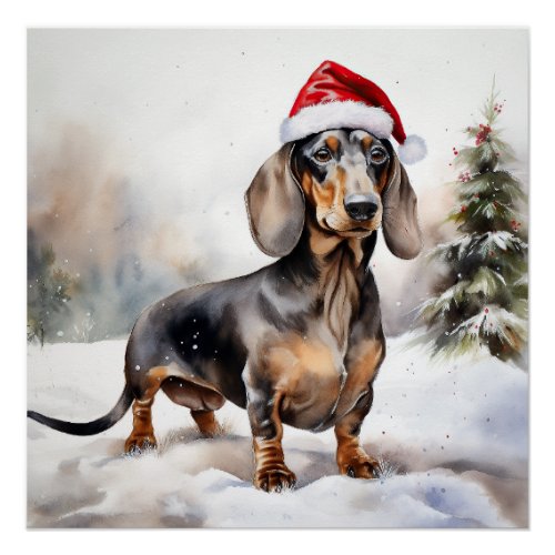 Dachshund Dog in Snow Christmas Poster