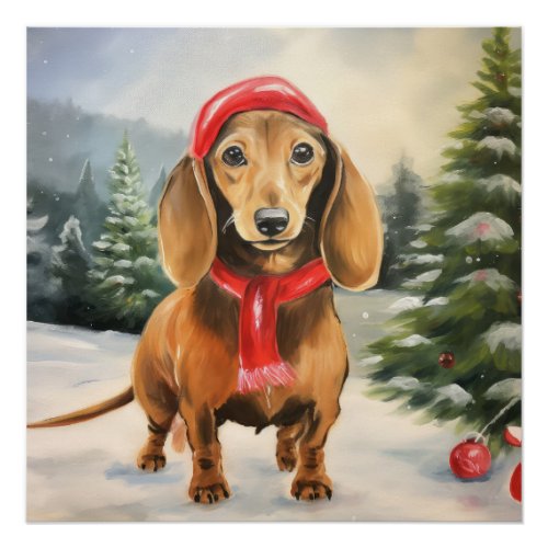 Dachshund Dog in Snow Christmas  Poster