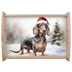 Dachshund Dog in Snow Christmas Serving Tray