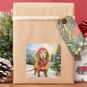 Dachshund Dog in Snow Christmas Square Sticker
