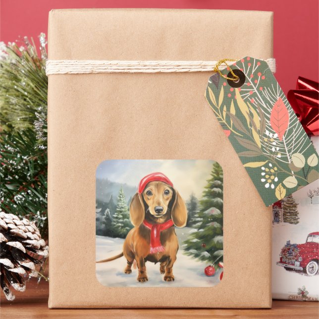 Dachshund Dog in Snow Christmas  Square Sticker (Holiday)