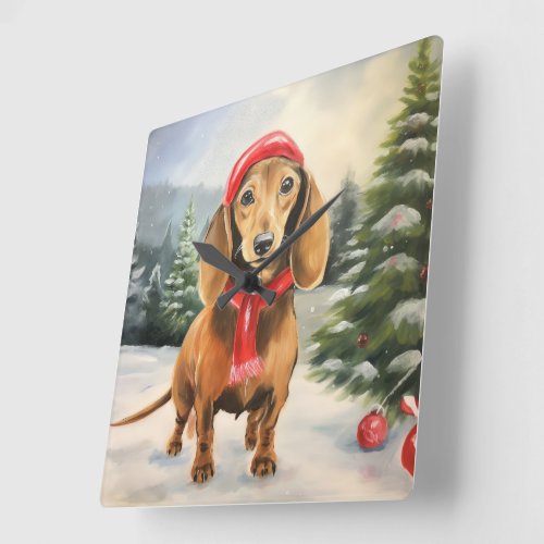 Dachshund Dog in Snow Christmas  Square Wall Clock