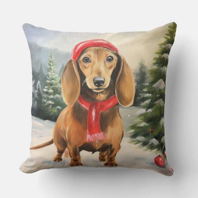 Dachshund Dog in Snow Christmas  Throw Pillow (Front)
