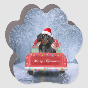 Dachshund Dog in Snow sitting in Christmas Truck  Car Magnet