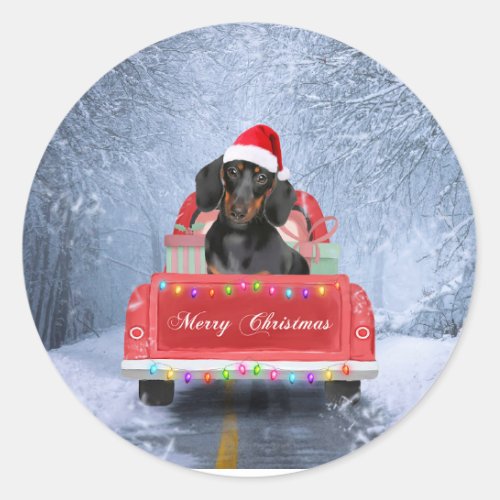 Dachshund Dog in Snow sitting in Christmas Truck  Classic Round Sticker