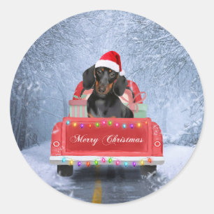 Dachshund Dog in Snow sitting in Christmas Truck Classic Round Sticker