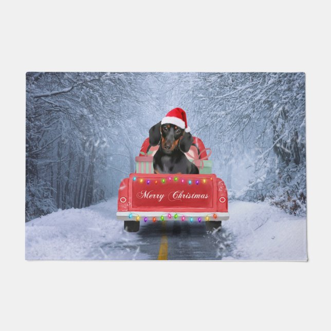 Dachshund Dog in Snow sitting in Christmas Truck Doormat (Front)