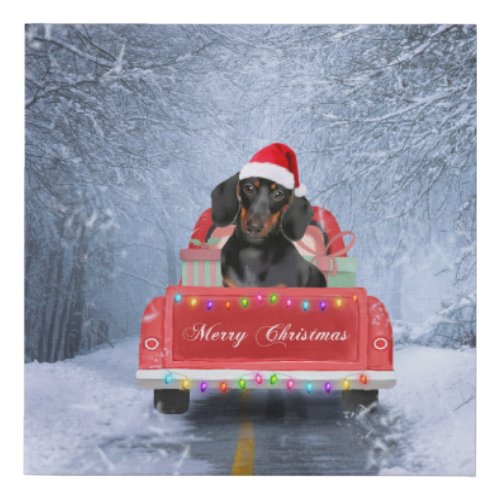 Dachshund Dog in Snow sitting in Christmas Truck Faux Canvas Print