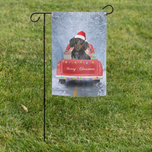 Dachshund Dog in Snow sitting in Christmas Truck Garden Flag