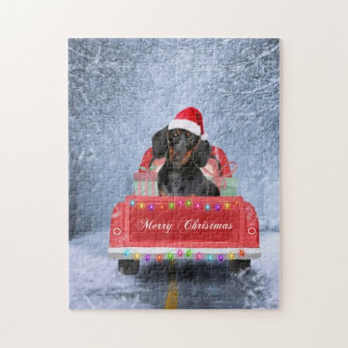  Dachshund Dog in Snow sitting in Christmas Truck Jigsaw Puzzle