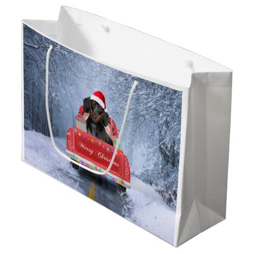 Dachshund Dog in Snow sitting in Christmas Truck  Large Gift Bag