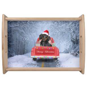 Dachshund Dog in Snow sitting in Christmas Truck  Serving Tray